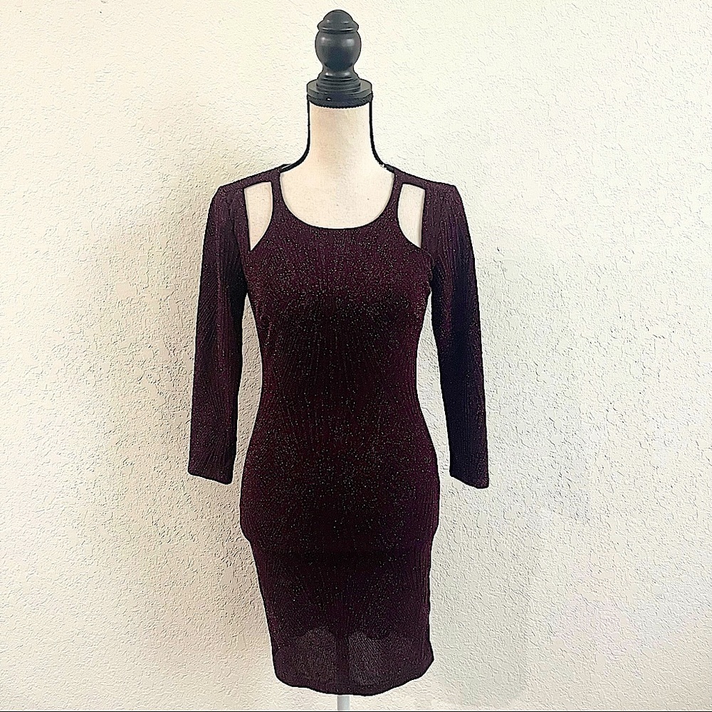 TRIXXI Juniors Dark Purple Sequin Elbow Sleeve Cut Out Dress Size Small Bodycon